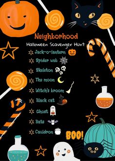 a poster with halloween themed items and words on it, including candy canes, jack - o - lantern, spider web, the moon, witch broom, ghost cat