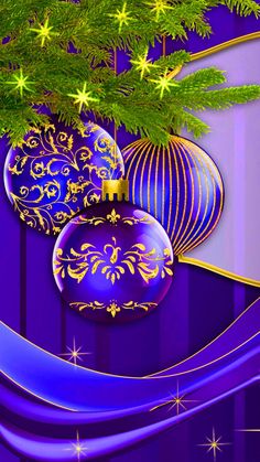 an artistic christmas card with blue ornaments on purple and gold stripes, stars and snowflakes