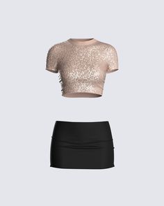 Simple, yet significant ✨ A night out is calling in this two-piece set featuring a beige sequin cropped top, paired with a black mini skirt - the perfect fit to outshine them all 🤩 Chic Sequined Crop Top For Night Out, Elegant Sequined Crop Top For Club, Glamorous Sequined Crop Top For Date Night, Chic Contrast Sequin Crop Top For Night Out, Chic Crop Top With Contrast Sequin For Night Out, Chic Party Crop Top With Contrast Sequin, Sequined Fitted Crop Top For Date Night, Fitted Sequin Crop Top For Date Night, Fitted Contrast Sequin Crop Top For Evening