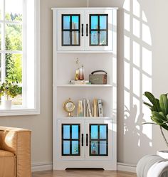 a white bookcase with blue windows in a living room