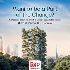 an advertisement for a residential development in the city with trees and skyscrapers on it