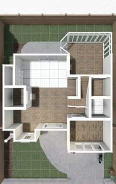 an overhead view of a house with the kitchen and living room