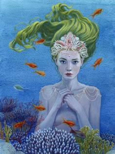 a painting of a woman with green hair and pearls on her head surrounded by fish