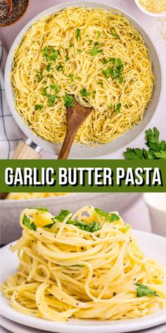 garlic butter pasta in a skillet with parsley on top and the recipe below