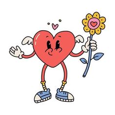 a cartoon heart holding a flower and pointing to it's left side with both hands