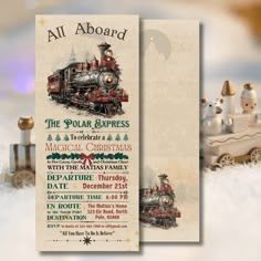 an old fashioned christmas train ticket with santa's sleigh in the background