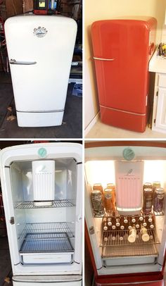 three pictures of an old refrigerator with the door open and some jars in front of it