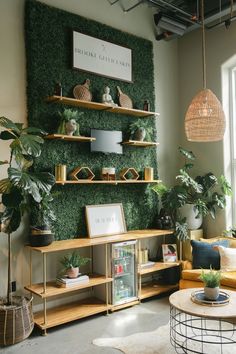 a living room filled with lots of furniture and plants on top of shelves next to a window