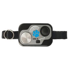 a black and silver dog collar with a blue paw on it's front side