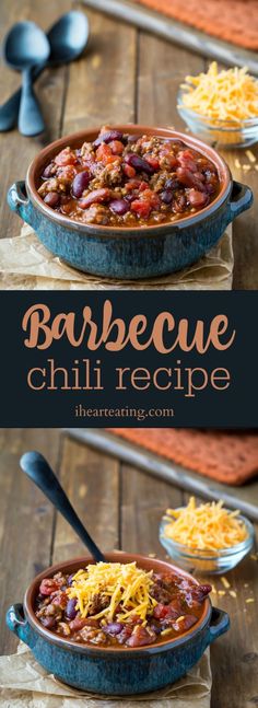 barbecue chili recipe in a blue casserole dish with cheese on top