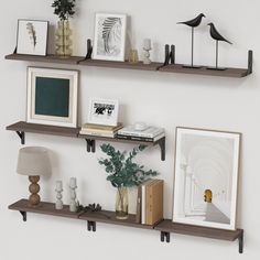 some shelves with pictures and other items on them