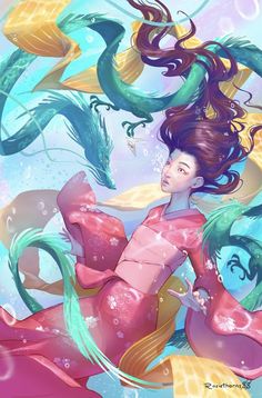 a woman with long hair is floating in the water surrounded by mermaids and fish