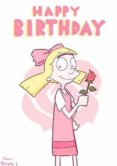 a cartoon girl holding a flower with the words happy birthday written on her face in pink