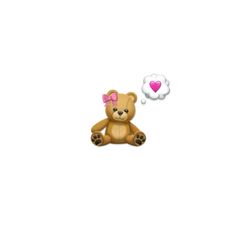 a brown teddy bear with a pink bow sitting in front of a white thought bubble