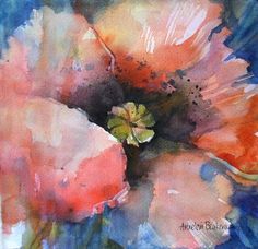 watercolor painting of an orange flower with blue background