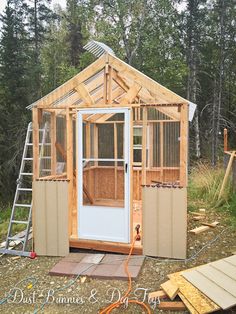 a small shed with the door open and a ladder up to it's roof