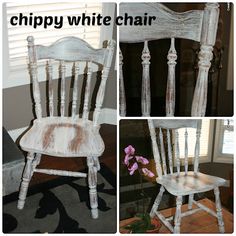 an old white chair is being painted with chalk paint and some flowers are sitting on the floor