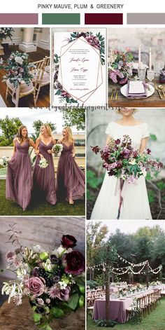 a collage of photos with flowers and greenery in the center, including two bridesmaid's bouquets