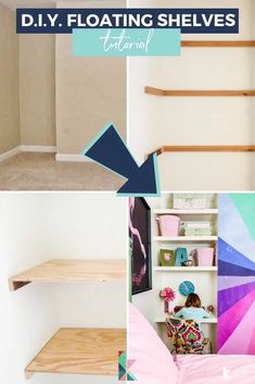 diy floating shelves in the corner of a room with an arrow pointing to it