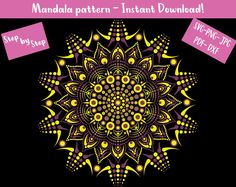 a black background with yellow and pink designs on it, including the words mandal pattern instant downloaded