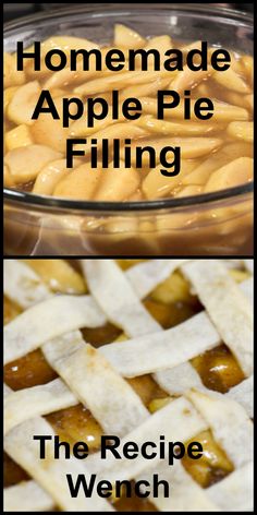 the recipe for homemade apple pie filling is shown in two different pictures, with text overlay