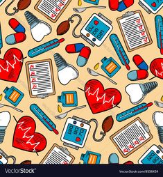 seamless pattern with medical items on beige background