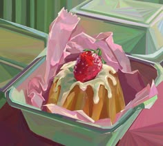 a painting of a strawberry bundt cake in a container