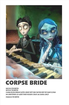 corpse bride movie poster with two people playing the piano and one is staring at something