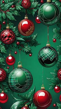 christmas ornaments on green background with red and green baubles hanging from the branches