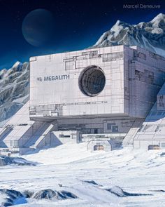 an artist's rendering of the megalith space station in front of mountains