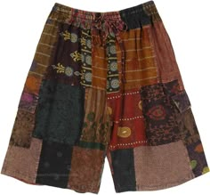 Bring out your inner strength with these tribal patterned mixed patchwork Bermuda shorts.  These cargo shorts are unisex and come with a drawstring waist and buttoned side pockets for ease of comfort. #tlb #Patchwork #Stonewash #Pocket #vacationclothing #Fall #Paisley #bohemianfashion #Cottonhalfpants #Unisexbohopants #Bohocargopants Vintage Cargo Shorts, Grunge Cotton Shorts With Pockets, Summer Outfits Hippie, Bohemian Brown Cotton Shorts, Hippie Cotton Patchwork Bottoms, Hippie Style Patchwork Shorts, Brown Bohemian Shorts, Hippie Festival Bottoms With Built-in Shorts, Multicolor Hippie Shorts