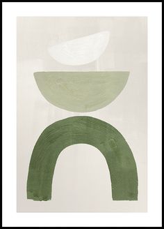 an abstract painting with green and white shapes in the middle, on a white background