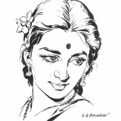 an ink drawing of a woman's face with a flower in her hair and earrings