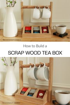 two pictures with the words how to build a scrap wood tea box in front of them