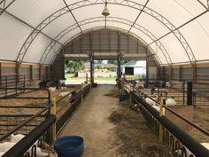 the inside of a barn with sheep in it