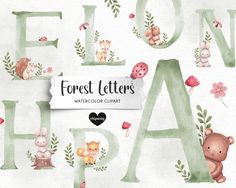 watercolor forest letters with animals and flowers