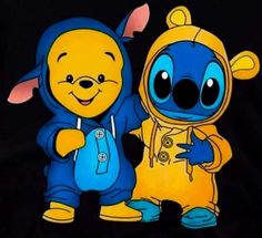 two cartoon characters standing next to each other in front of a black background, one wearing a yellow and blue outfit