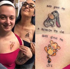 two women with tattoos on their stomachs and one has a winnie the pooh tattoo