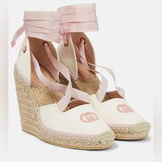 Gucci -Condition: Brand New Item With Original Box + Dust Bags + Card. -All Of Our Items Are 100% Authentic. -Size: Eu 40 (True To Size). -Color: White / Pink. -Model: Gucci Espadrille Ribbon Gg -Code: 725836 -Gg Logo Espadrille Wedges. -Made In Spain From Canvas. -Wedge Heel Measures: 4" (100mm). -This Style Has Winding Ballet-Style Grosgrain Ties That Lace Elegantly Around The Ankles. -Upper: Fabric -Trim: Jute -Leather Lining; Rubber Sole. -Made In Spain. -Retails For $895.00 -Item Ships Out Wishlist Preppy, Mood Board Clothes, Fashion Booklet, Gucci Espadrilles, Outfit Shuffles, Gothic Coquette, Rich Wife, Highest Heels, Glam Aesthetic