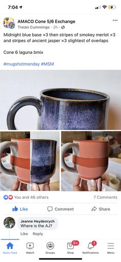 the instagram page has two pictures of coffee mugs with red and blue stripes on them