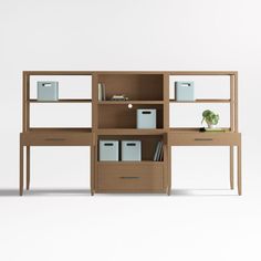 an office desk with drawers and shelves on it's sides, in front of a white background