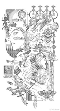 a black and white drawing of a woman's face with many different things on it