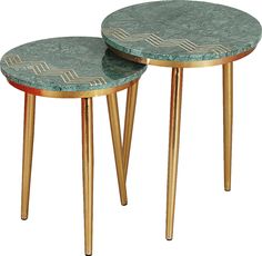 two round tables with gold legs and green marble on each side, set against a white background