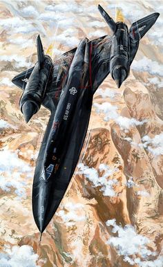 an artist's rendering of a fighter jet flying through the sky over mountains and clouds