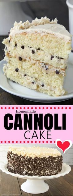 a cake with white frosting and chocolate chips on top is sitting on a plate next to the words, homemade cannoli cake