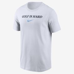 It's your game. Show it the love it deserves in this sweat-wicking Nike golf tee. Moisture-wicking Golf T-shirt For Sports, Team Spirit T-shirt With Team Name For Golf, Sporty Moisture-wicking T-shirt For Golf, Team Spirit Cotton T-shirt For Golf, Team Spirit Golf T-shirt For Sports Season, Sports Season Dri-fit T-shirt With Letter Print, Team Spirit Letter Print Dri-fit T-shirt, Team Spirit Dri-fit T-shirt With Letter Print, Sporty T-shirt With Team Name For Golf