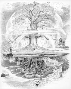 a drawing of a tree with people standing around it