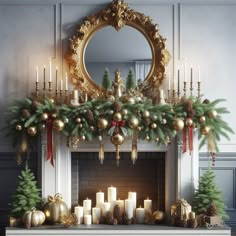 a mantel with candles and christmas decorations