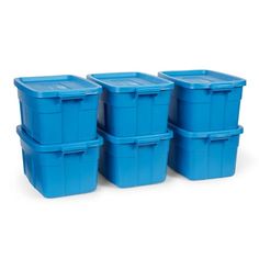 four blue plastic storage containers sitting side by side