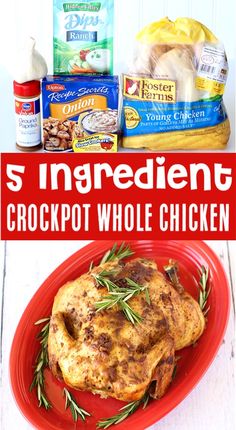 the ingredients for crockpot whole chicken on a red plate with text overlay